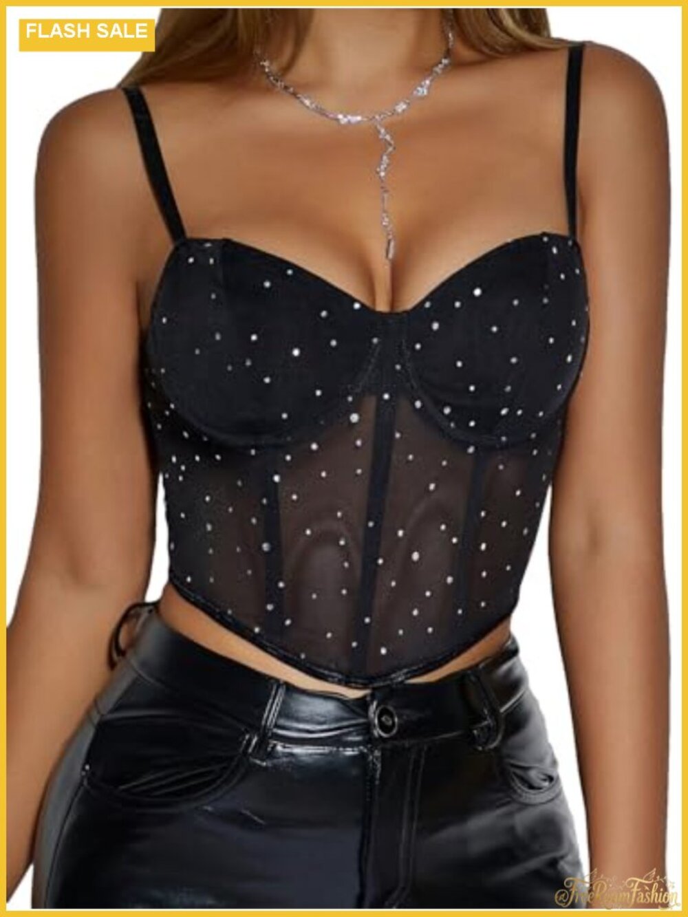 Rhinestone Mesh Bustier Corset Crop Top Spaghetti Strap Party Club Top
